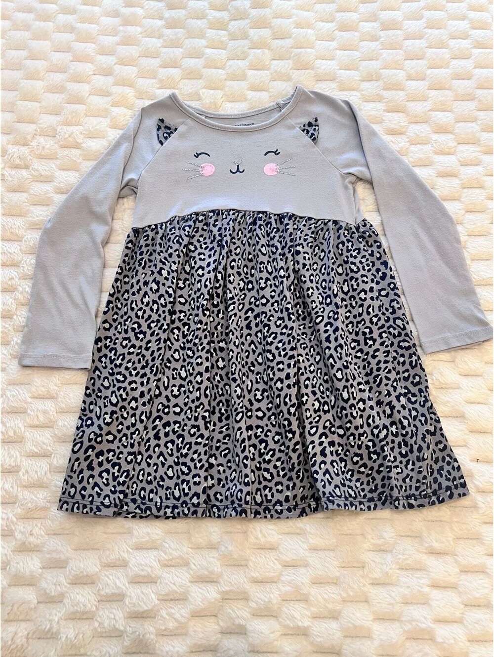 Jumping Beans Long Sleeve Cat Dress w/ 3D Ears & grey leopard print skirt (3T)